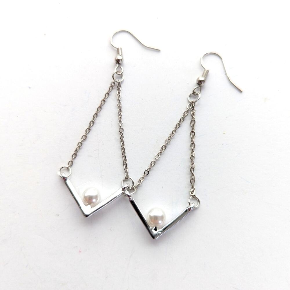 Classic Silver Tone Elegant Faux Pearl Chevron Dangle Drop Hook Earrings